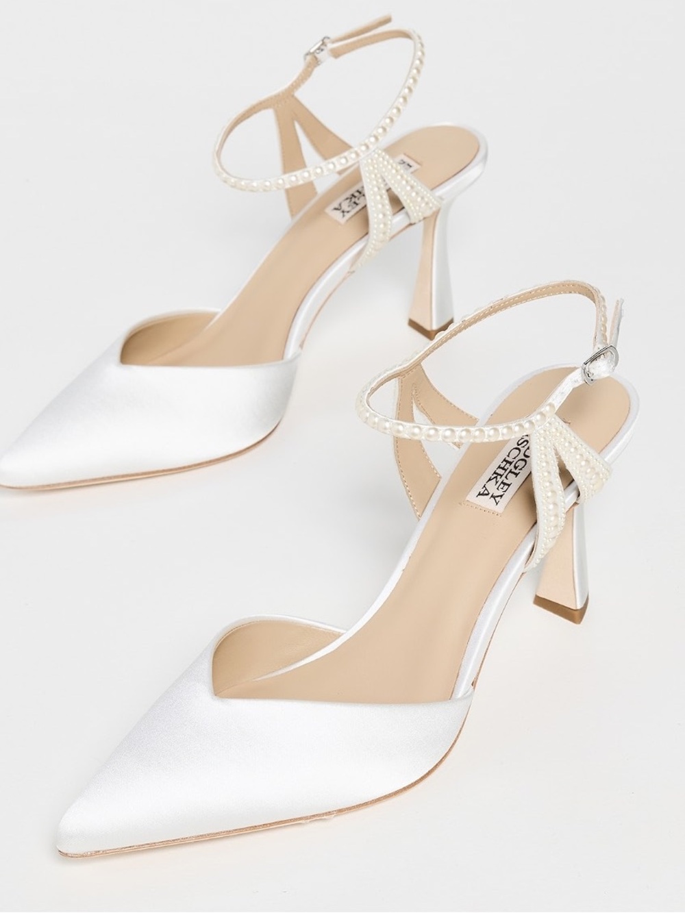 Badgley Mischka ‘Destinee’ Pearl-Strap Satin Pointed-Toe Heels in White